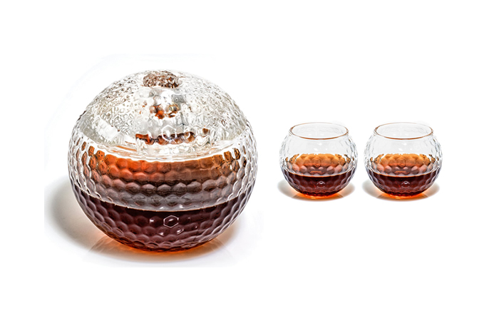 Decanter Set - Prestige golf ball liquor decanter with 2 matching whiskey glasses.
